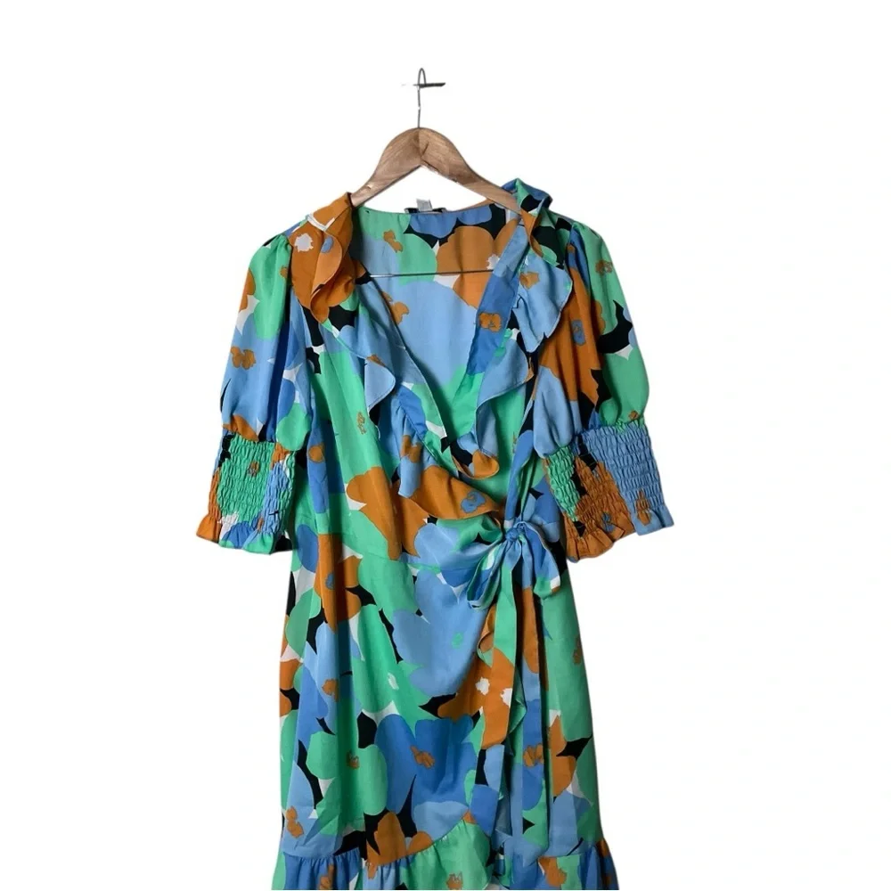 Topshop Blue Floral Print V-Neck Tie Waist Wrap Mini Dress US 12